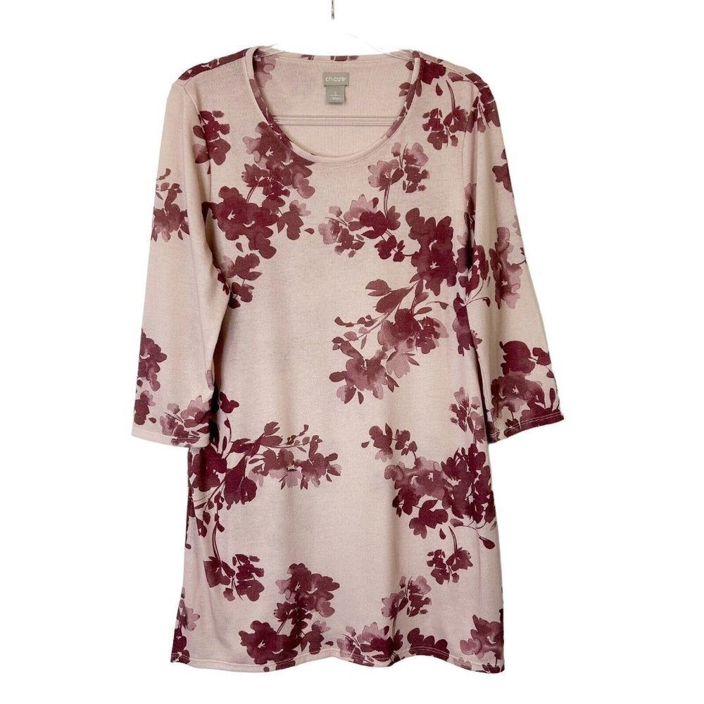 Chicos Sweater Tunic Top Womens Size 2 Us Large 12 Pink Floral 3/4 Sleeves